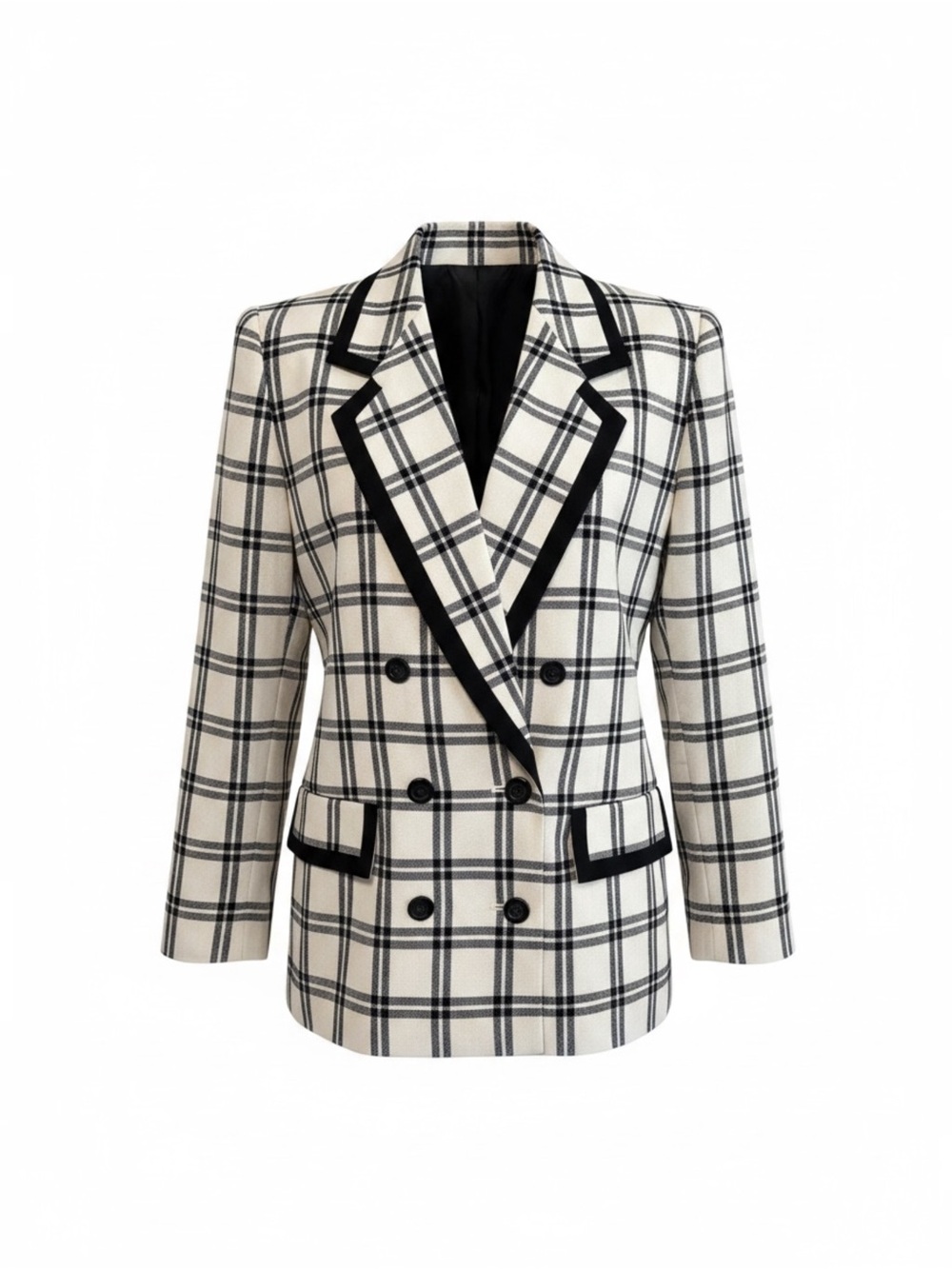 Kasper for A.S.L. Cream and Black Plaid Double-Breasted Blazer - Lined Size 8